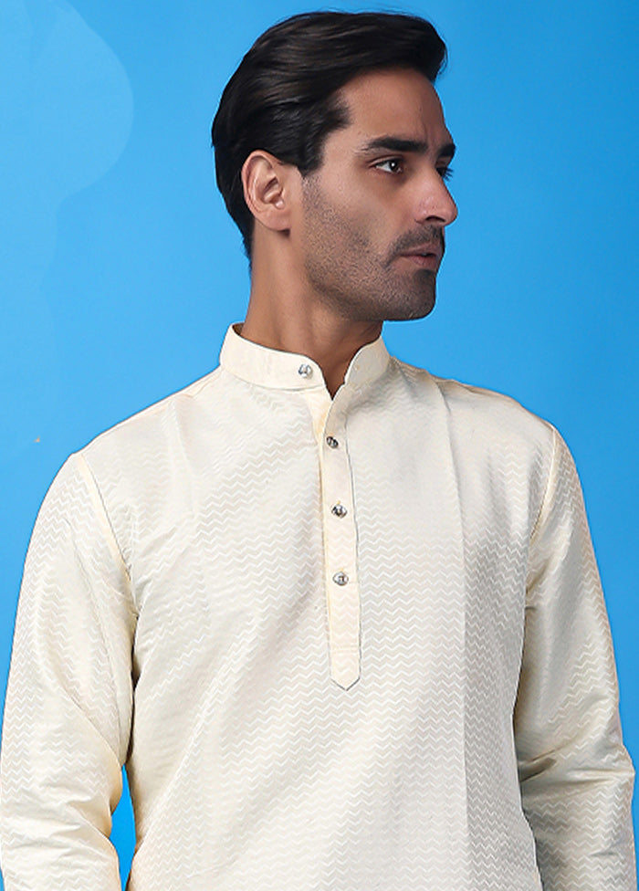 White Silk Jacquard Knee Length Kurta