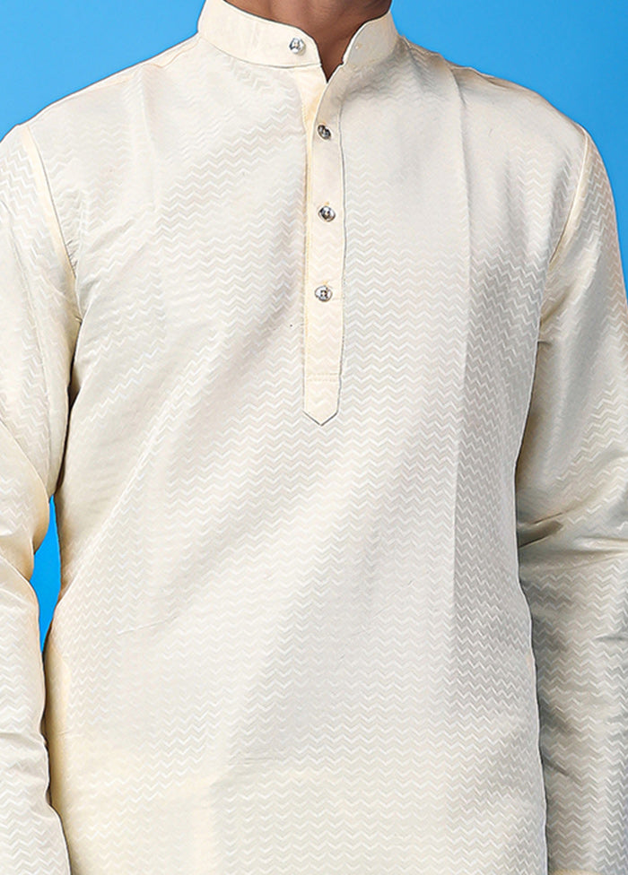 White Silk Jacquard Knee Length Kurta