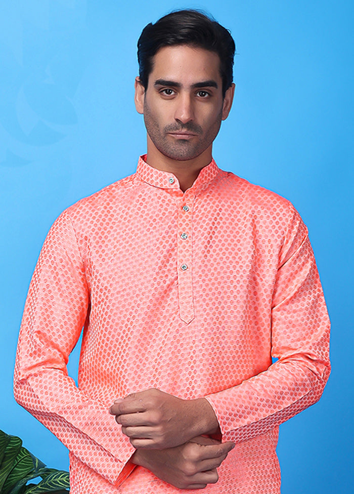 Pink Silk Jacquard Knee Length Kurta