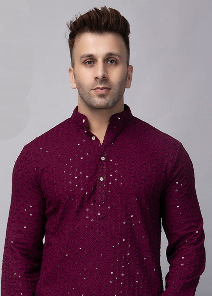 Maroon Viscose Jacquard Knee Length Kurta