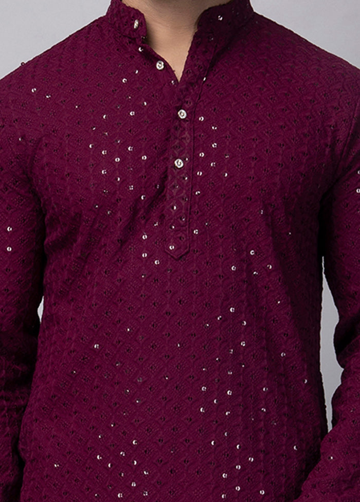 Maroon Viscose Jacquard Knee Length Kurta