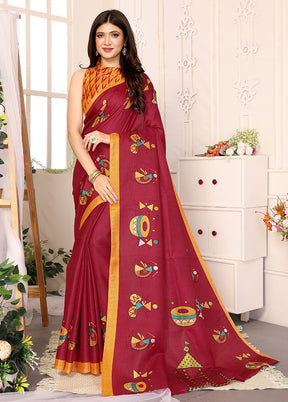 Maroon Dupion Silk Saree With Blouse Piece