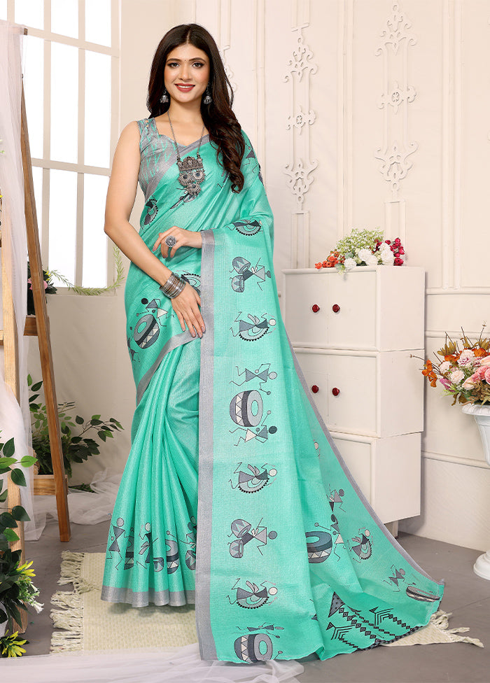 Sea Green Dupion Silk Saree With Blouse Piece