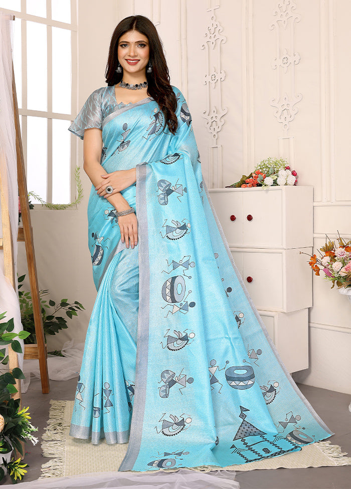 Sky Blue Dupion Silk Saree With Blouse Piece