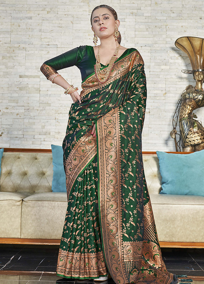 Dark Green Silk Saree With Blouse Piece - Indian Silk House Agencies