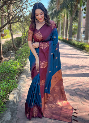 Blue Dupion Silk Saree With Blouse Piece - Indian Silk House Agencies