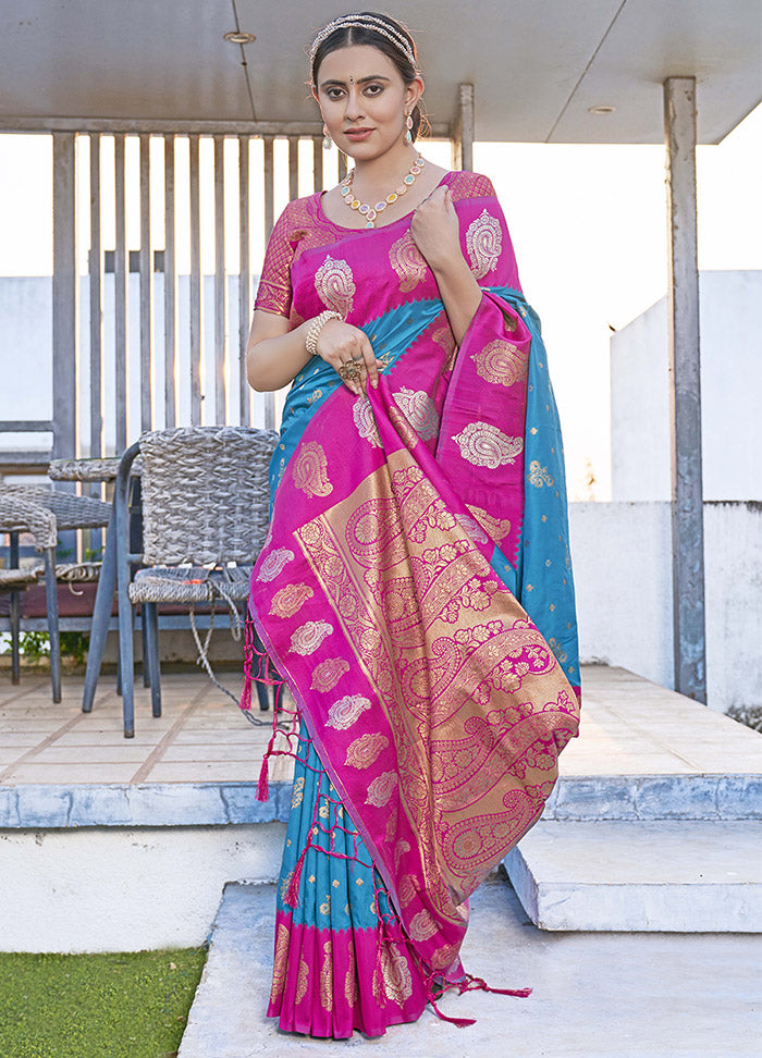 Blue Dupion Silk Saree With Blouse Piece - Indian Silk House Agencies