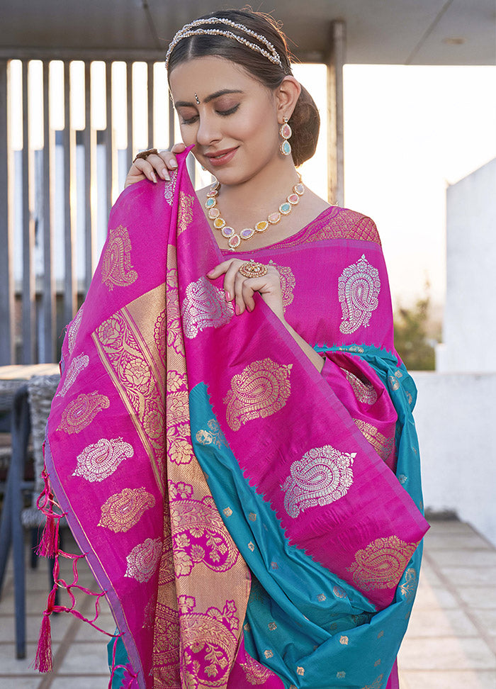 Blue Dupion Silk Saree With Blouse Piece - Indian Silk House Agencies