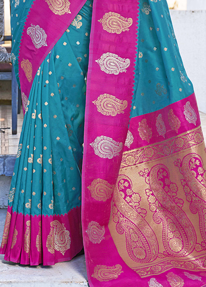 Blue Dupion Silk Saree With Blouse Piece - Indian Silk House Agencies