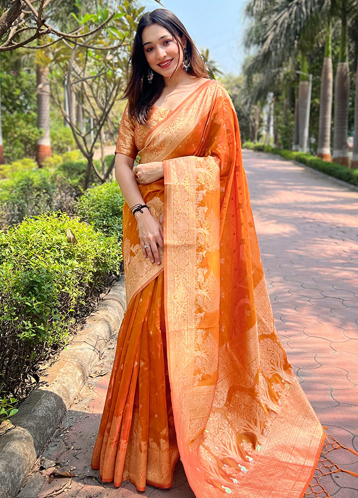 Light Orange Organza Saree With Blouse Piece - Indian Silk House Agencies