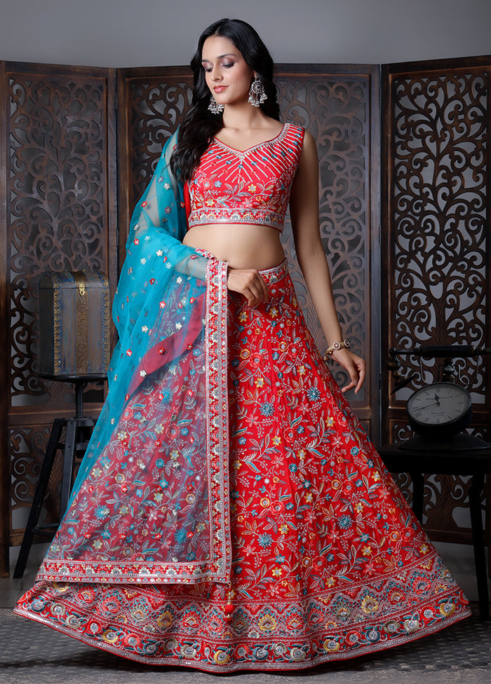 Red Silk Readymade Lehenga With Dupatta