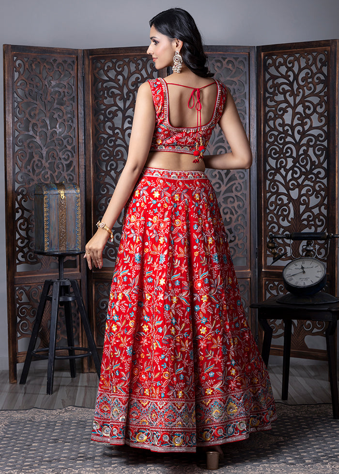 Red Silk Readymade Lehenga With Dupatta