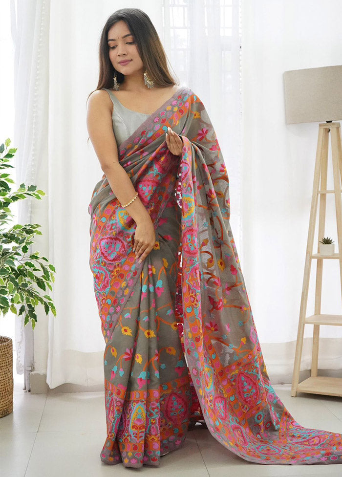 Grey Spun Silk Saree With Blouse Piece - Indian Silk House Agencies