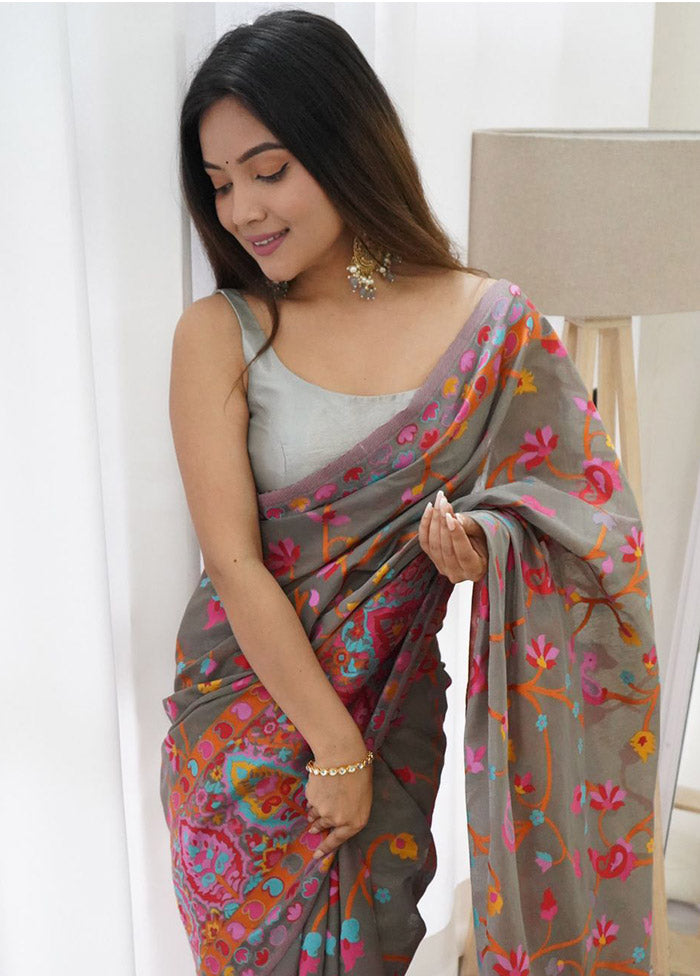 Grey Spun Silk Saree With Blouse Piece - Indian Silk House Agencies