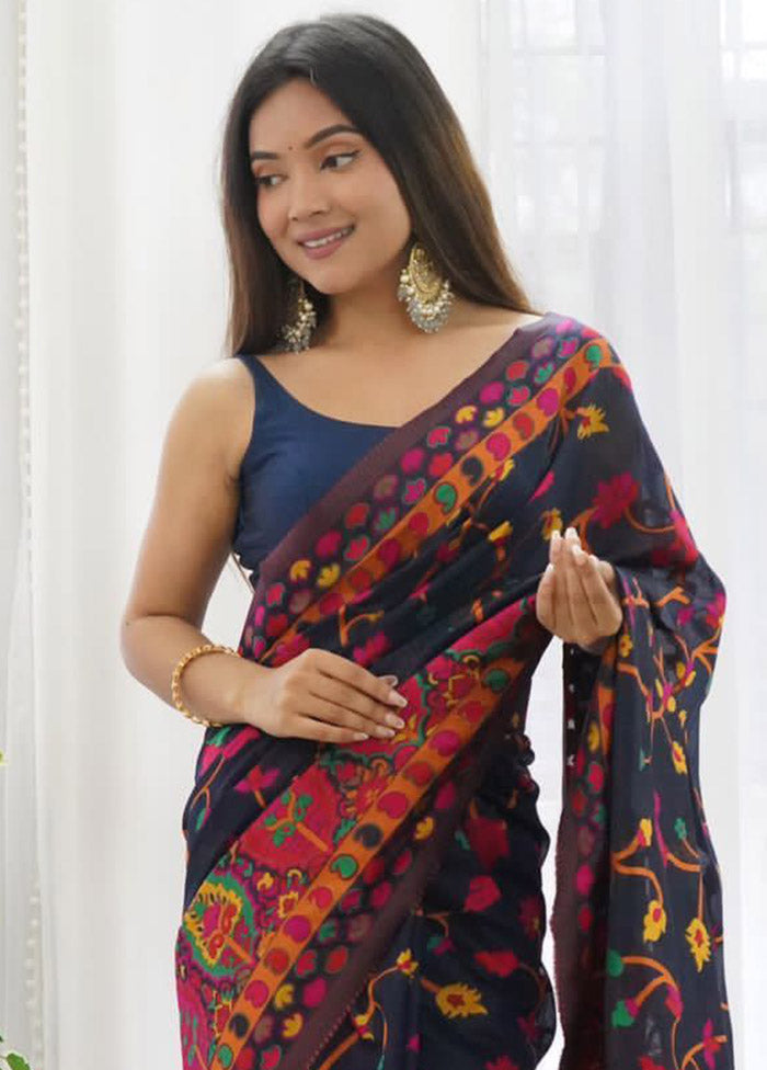 Navy Blue Spun Silk Saree With Blouse Piece - Indian Silk House Agencies