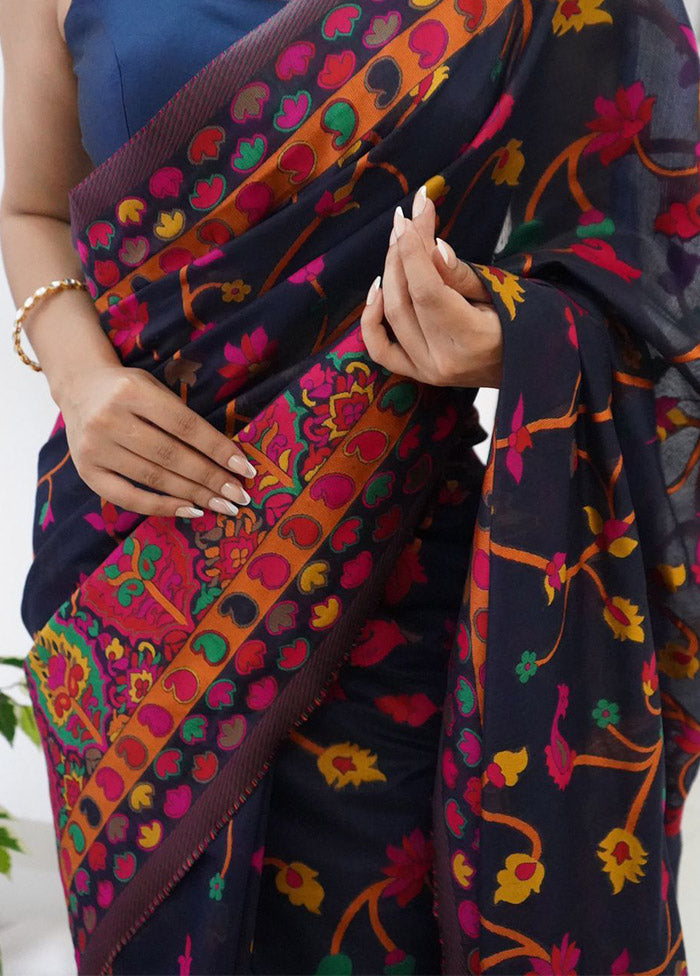 Navy Blue Spun Silk Saree With Blouse Piece - Indian Silk House Agencies