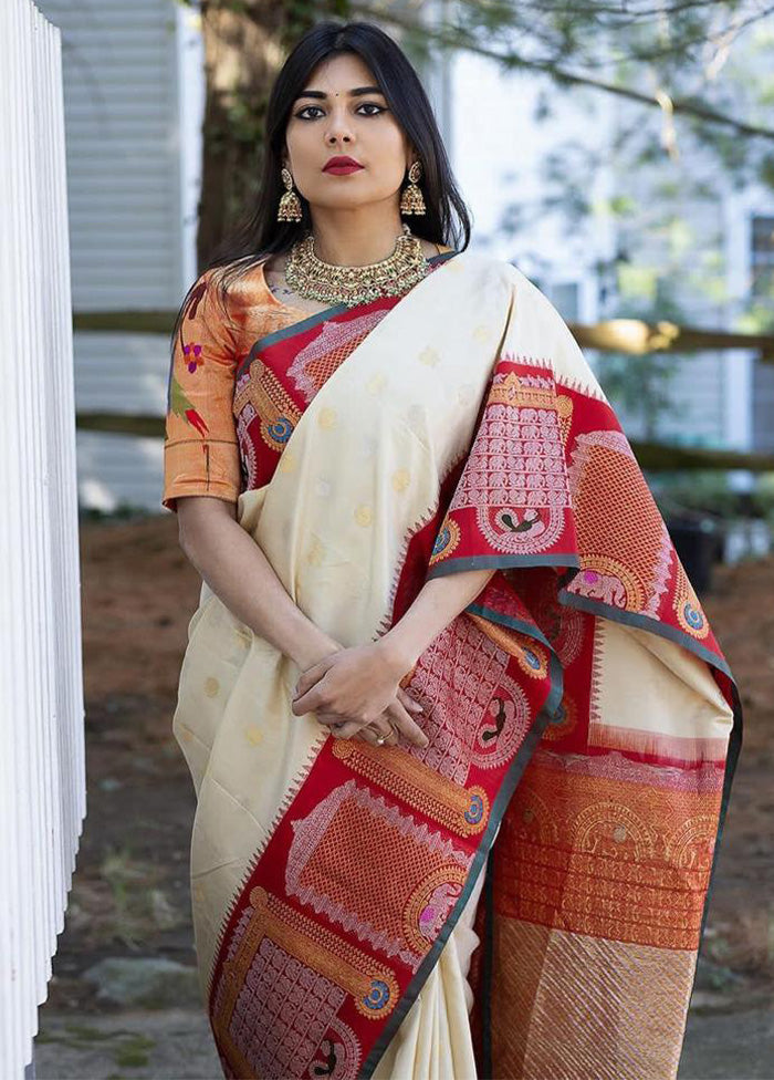 Cream Banarasi Silk Saree With Blouse Piece