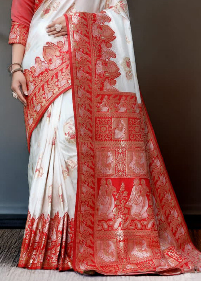 White Banarasi Silk Saree With Blouse Piece