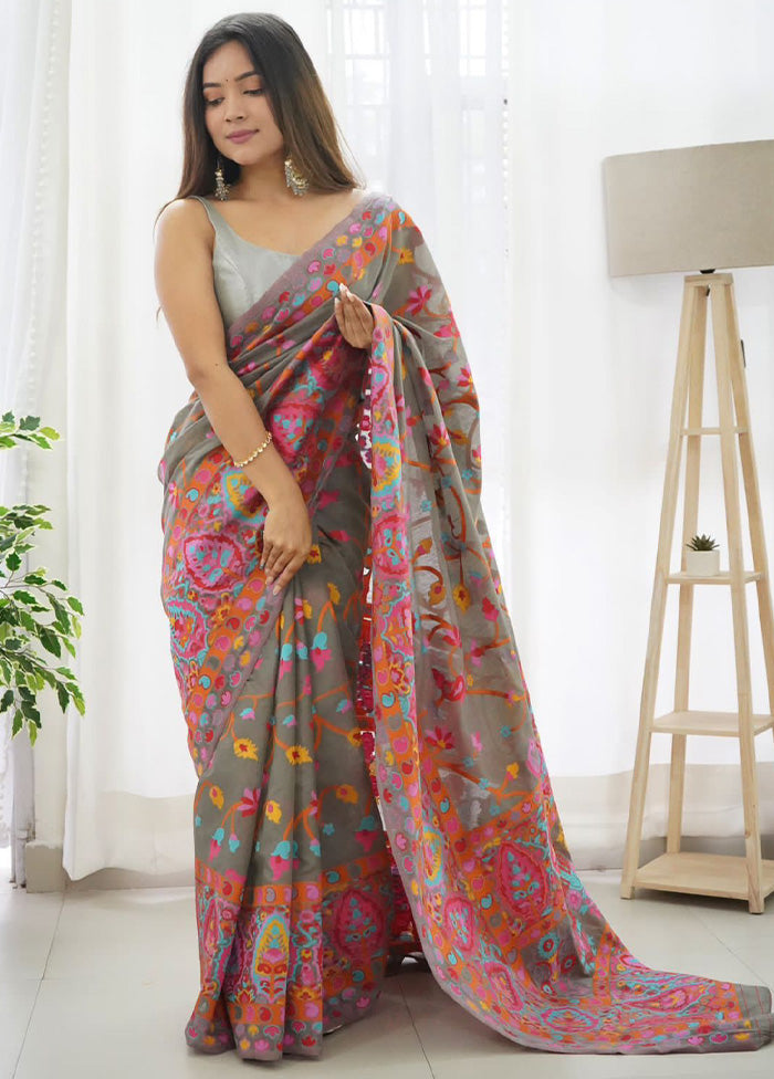 Grey Banarasi Silk Saree With Blouse Piece