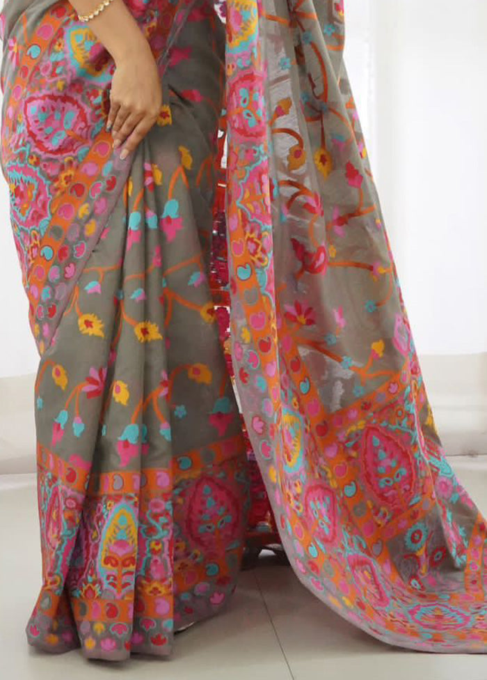 Grey Banarasi Silk Saree With Blouse Piece