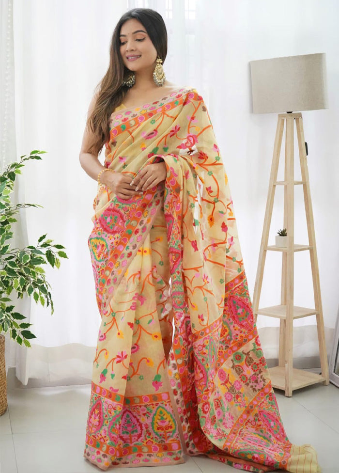 Light Yellow Banarasi Silk Saree With Blouse Piece