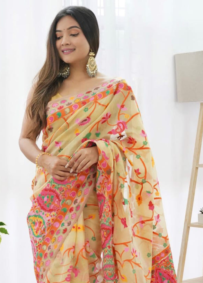 Light Yellow Banarasi Silk Saree With Blouse Piece