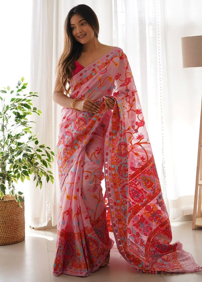 Pink Banarasi Silk Saree With Blouse Piece