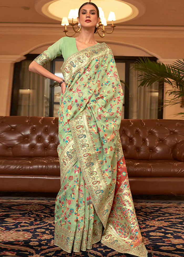 Pista Green Banarasi Silk Saree With Blouse Piece