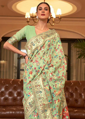 Pista Green Banarasi Silk Saree With Blouse Piece