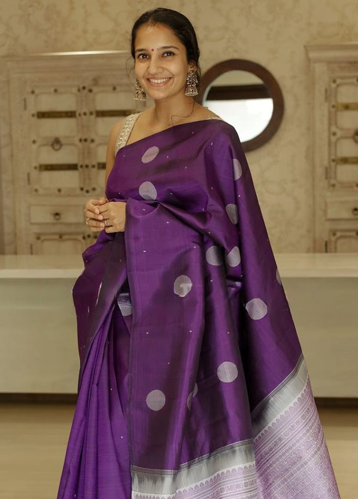 Purple Banarasi Silk Saree With Blouse Piece