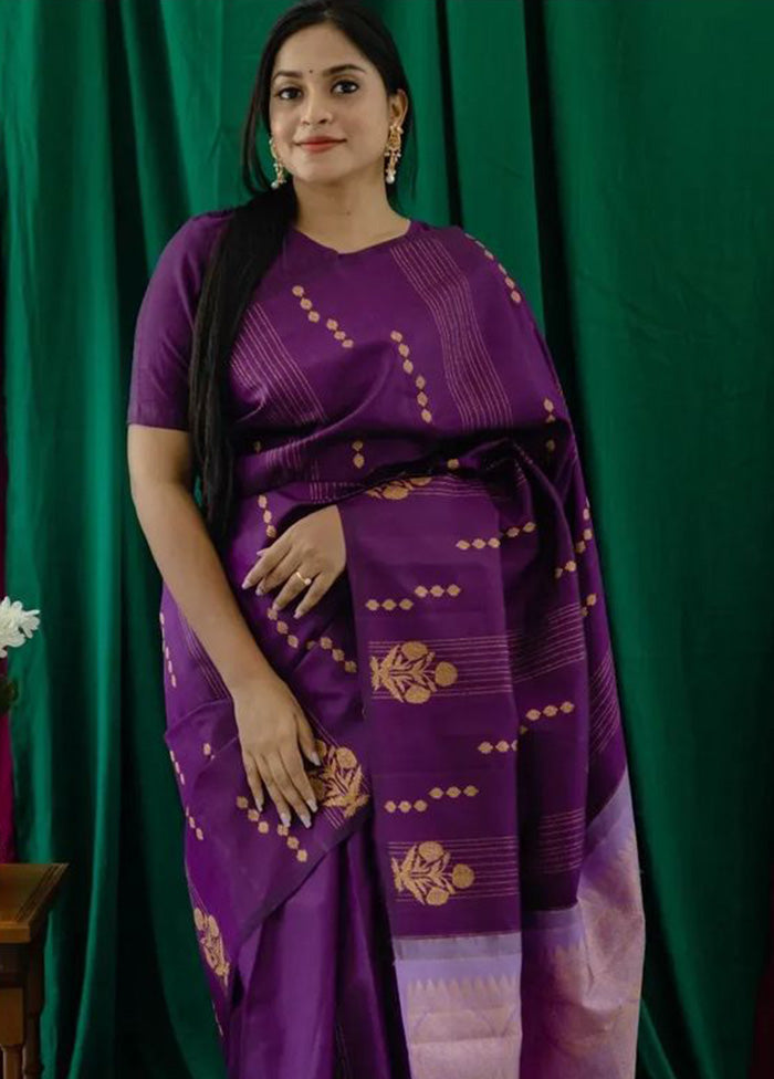 Purple Banarasi Silk Saree With Blouse Piece