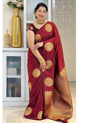 Maroon Banarasi Silk Saree With Blouse Piece