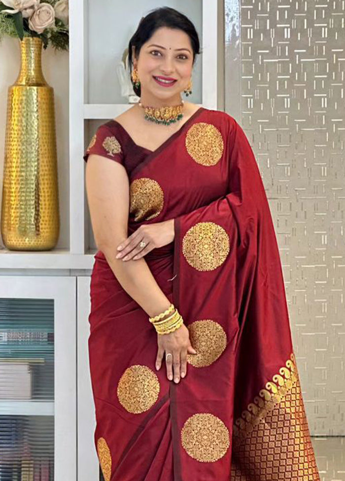 Maroon Banarasi Silk Saree With Blouse Piece