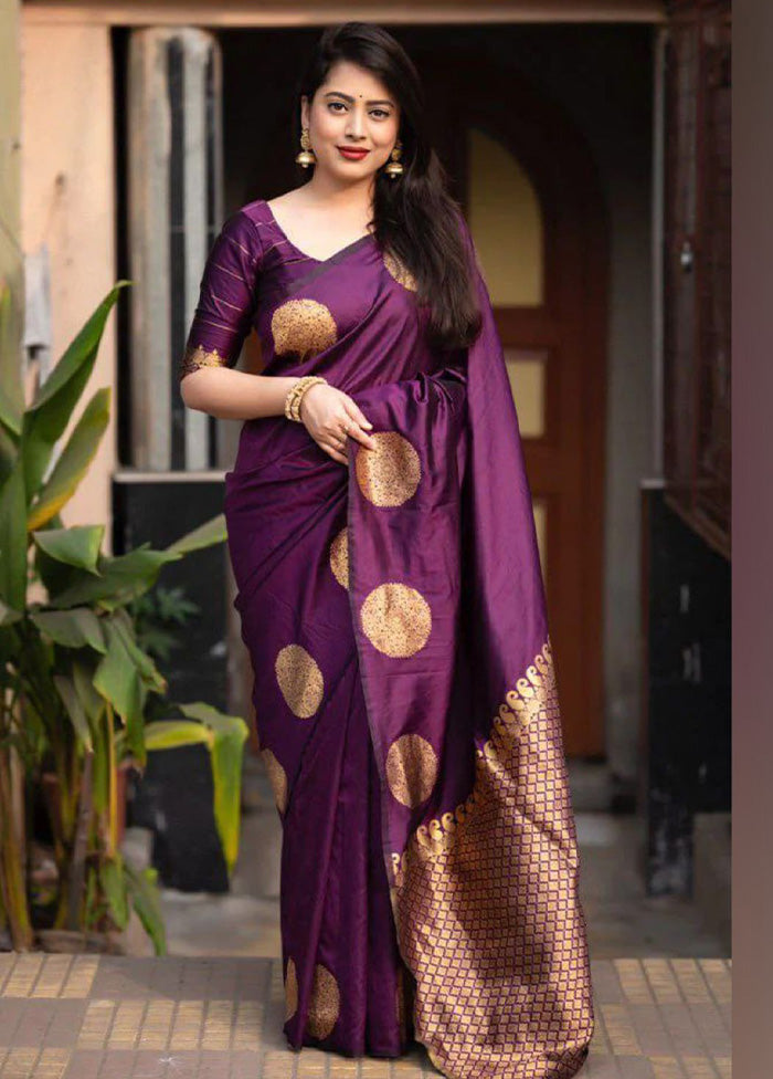 Wine Banarasi Silk Saree With Blouse Piece