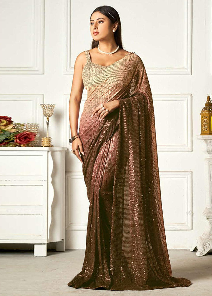 Brown Georgette Sequins Work Saree With Blouse Piece - Indian Silk House Agencies
