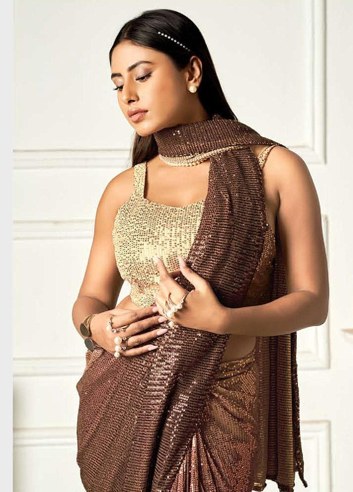 Brown Georgette Sequins Work Saree With Blouse Piece - Indian Silk House Agencies