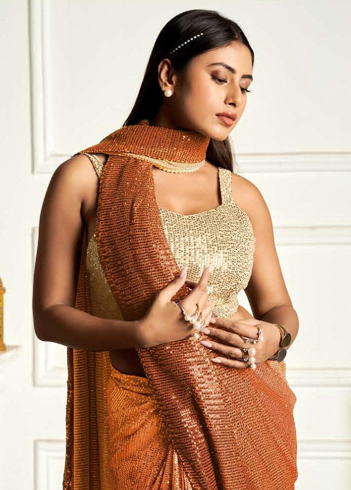 Orange Georgette Sequins Work Saree With Blouse Piece - Indian Silk House Agencies