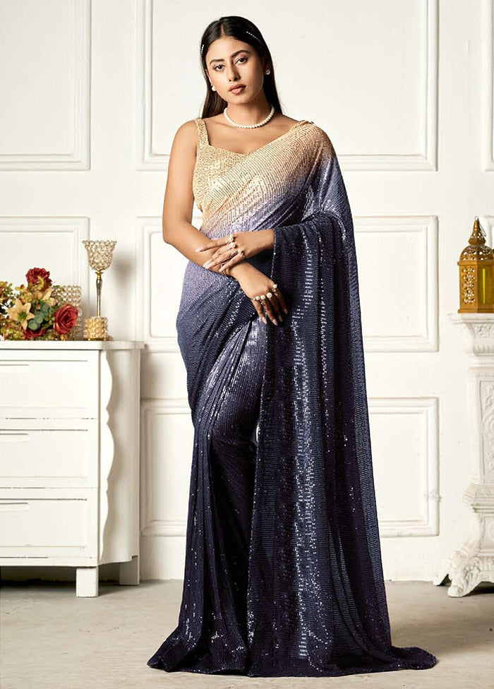 Blue Georgette Sequins Work Saree With Blouse Piece - Indian Silk House Agencies
