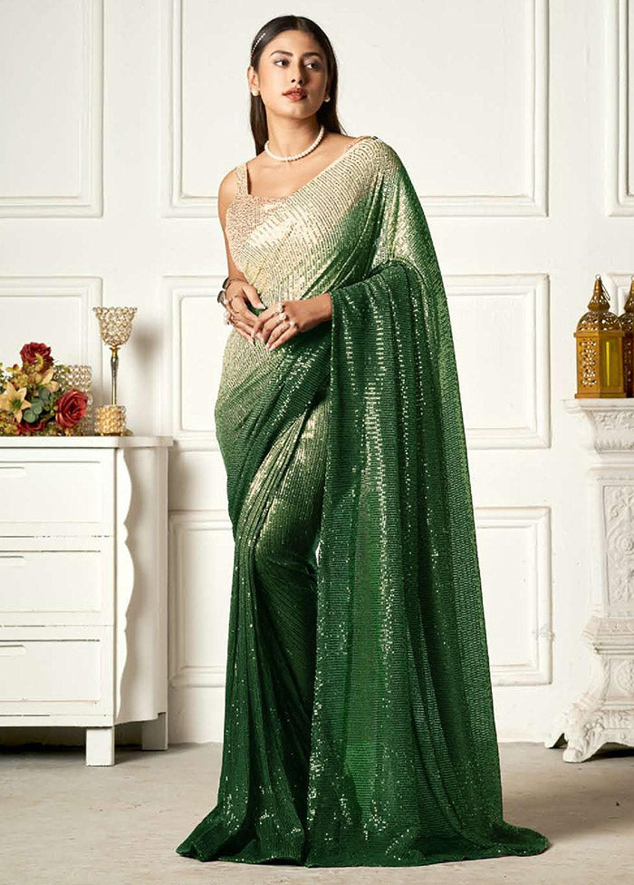 Green Georgette Sequins Work Saree With Blouse Piece - Indian Silk House Agencies