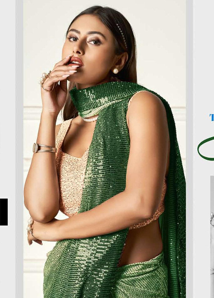 Green Georgette Sequins Work Saree With Blouse Piece - Indian Silk House Agencies