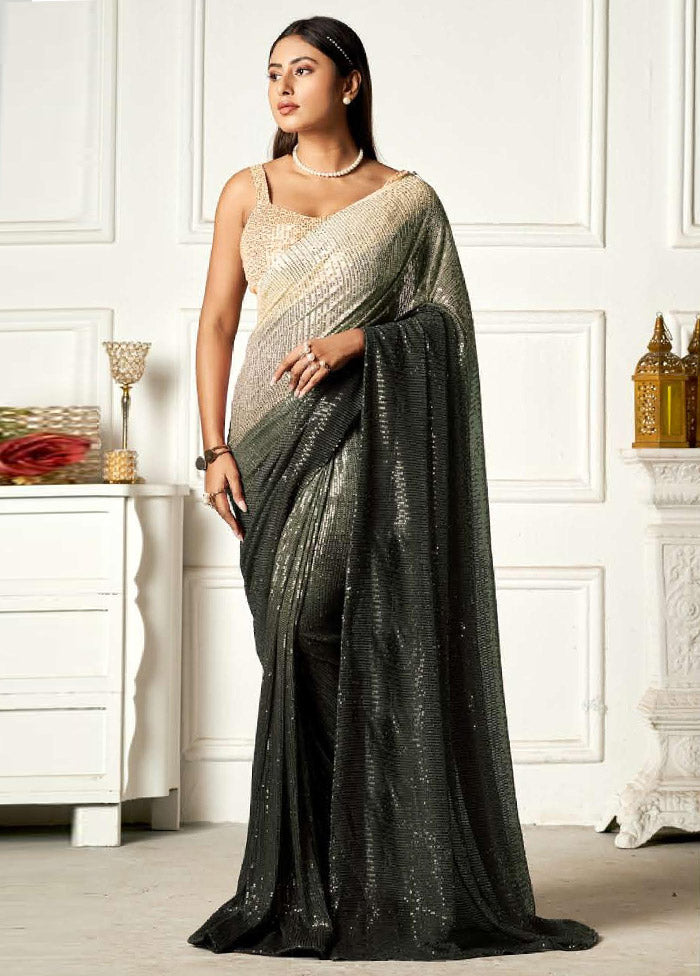 Greenish Black Georgette Sequins Work Saree With Blouse Piece - Indian Silk House Agencies
