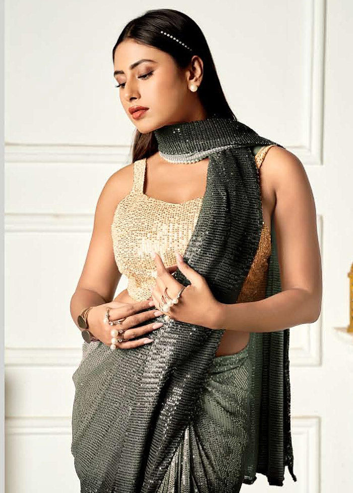 Greenish Black Georgette Sequins Work Saree With Blouse Piece - Indian Silk House Agencies