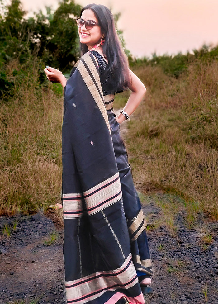 Black Spun Silk Saree With Blouse Piece - Indian Silk House Agencies