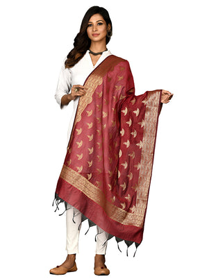 Red Cotton Silk Zari Work Dupatta