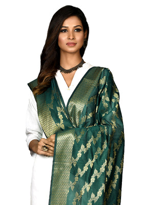 Bottle Green Cotton Silk Zari Work Dupatta