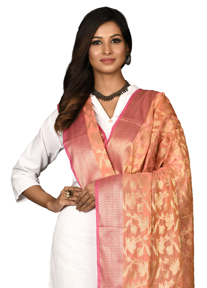 Peach Cotton Silk Zari Work Dupatta