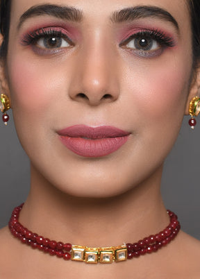 Mahroon Beaded Gold Toned Kundan Inspired Choker With Earrings - Indian Silk House Agencies