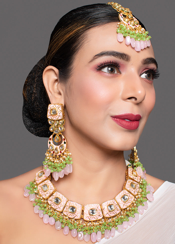 Pink Enamaled Kundan Necklace With Earrings And Mangtika - Indian Silk House Agencies