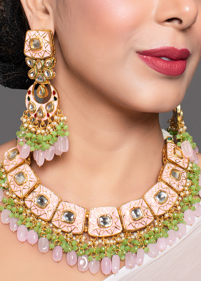 Pink Enamaled Kundan Necklace With Earrings And Mangtika - Indian Silk House Agencies