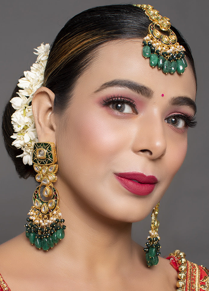 Handcrafted Kundan Emerald Beaded Earrings With Mangtika - Indian Silk House Agencies